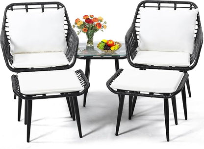 5 Piece Wicker Bistro Patio Conversation Furniture Set, Includes 2 Chairs, 2 Ottomans, and Side Table, Ideal for Porch, Balcony, Deck, Backyard, Black
