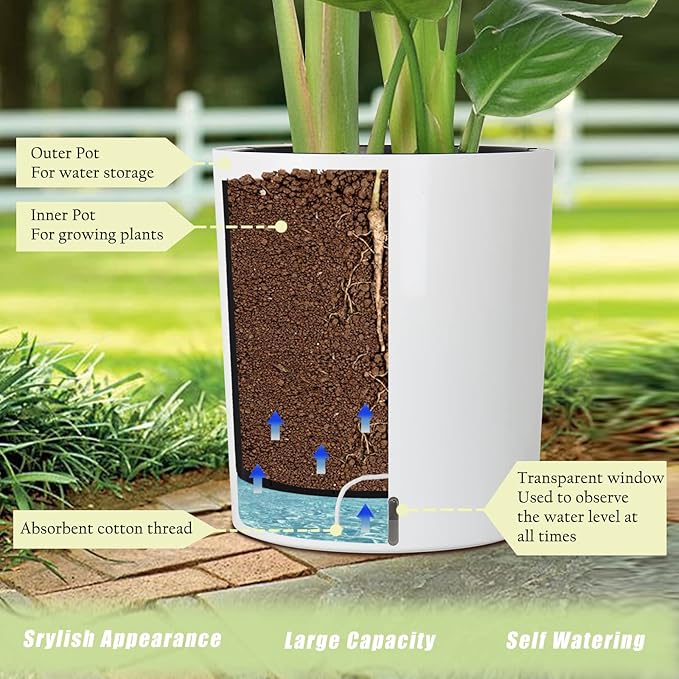 SAROSORA Large Round Self Watering Planter Pot 12.5'' 2-Pack for Home Garden Patio Tall Tree(White 2-Pack)