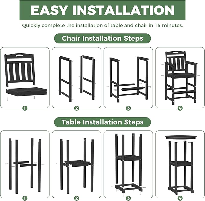 HDPE Outdoor Patio Bar Set with Bar Height Table and 2 Adirondack Chairs, All-Weather High Top Outside Round Pub Furniture for Bistro, Garden, Backyard, Deck | 3-Pieces, Matte Black
