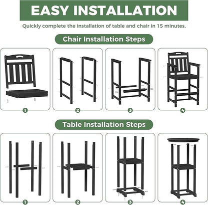 HDPE Outdoor Patio Bar Set with Bar Height Table and 2 Adirondack Chairs, All-Weather High Top Outside Round Pub Furniture for Bistro, Garden, Backyard, Deck | 3-Pieces, Matte Black