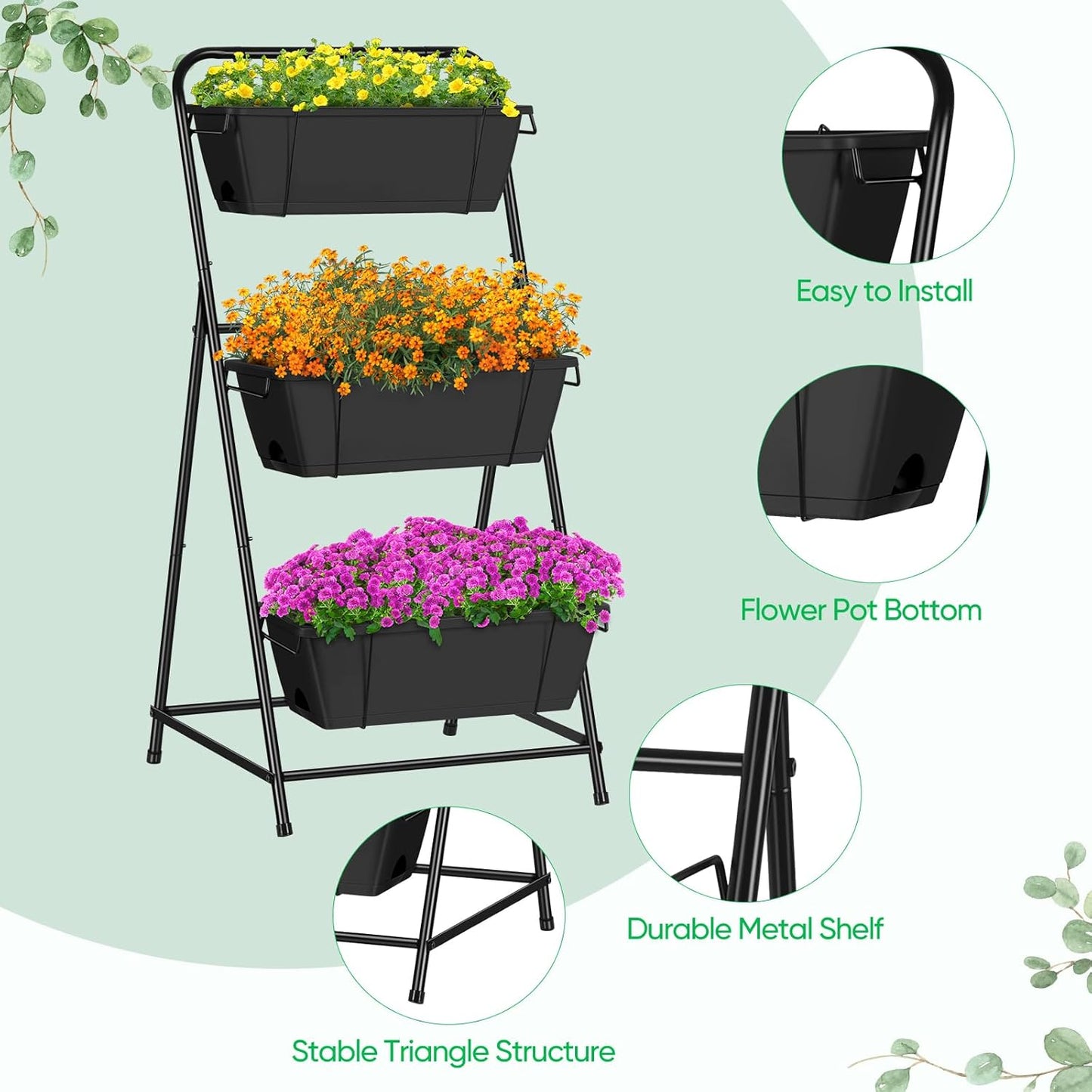 Raised Garden Bed 3 Tier Vertical Garden Planter Elevated Planter Boxes Outdoor Herb Planter with Drainage Holes Removable Tray for Patio Balcony Porch Black