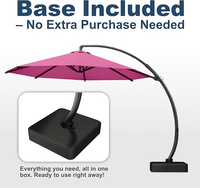 11FT Cantilever Umbrella with Base Large Curvy Outdoor Aluminum Offset Umbrella w/ 360° Rotation, UV Resistant Canopy for Patio, Garden, Backyard, Rose Pink