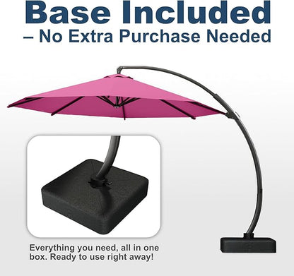 11FT Cantilever Umbrella with Base Large Curvy Outdoor Aluminum Offset Umbrella w/ 360° Rotation, UV Resistant Canopy for Patio, Garden, Backyard, Rose Pink