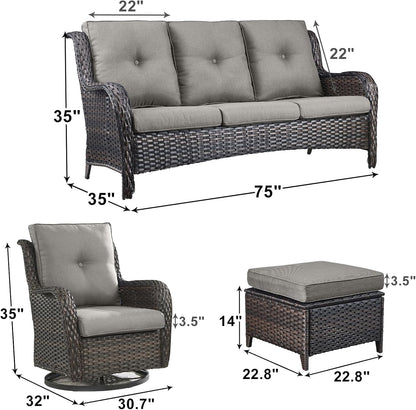 Outdoor Wicker Patio Furniture Set - 5 Piece Rattan Patio Conversation Set with 2 Rocking Swivel Chairs,2 Ottomans and 1 Sofa for Porch Deck Backyard Garden(Brown/Grey)