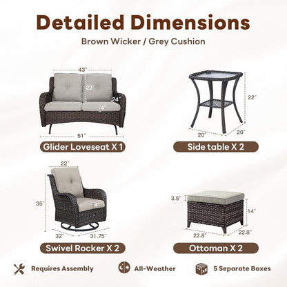 Outdoor Patio Furniture Set - 7 Piece Brown Wicker Conversation Patio Furniture Set All Weather Swivel Chairs with Ottoman and Loveseat Glider Chair for Deck Balcony Backyard