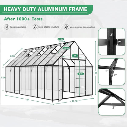 10x16 FT Greenhouse for Outdoor, Large Easy Assembly Heavy Duty Polycarbonate Panels Aluminum Frame Walk-in Green House with 3 Windows Wider Door for Garden Plants