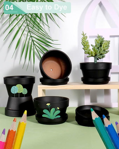 vensovo 3.7 Inch Black Terracotta Shallow Succulent Pots - 6 Pack Terra Cotta Clay Pot with Saucer, Cacuts Indoor and Outdoor Planters with Drainage Hole