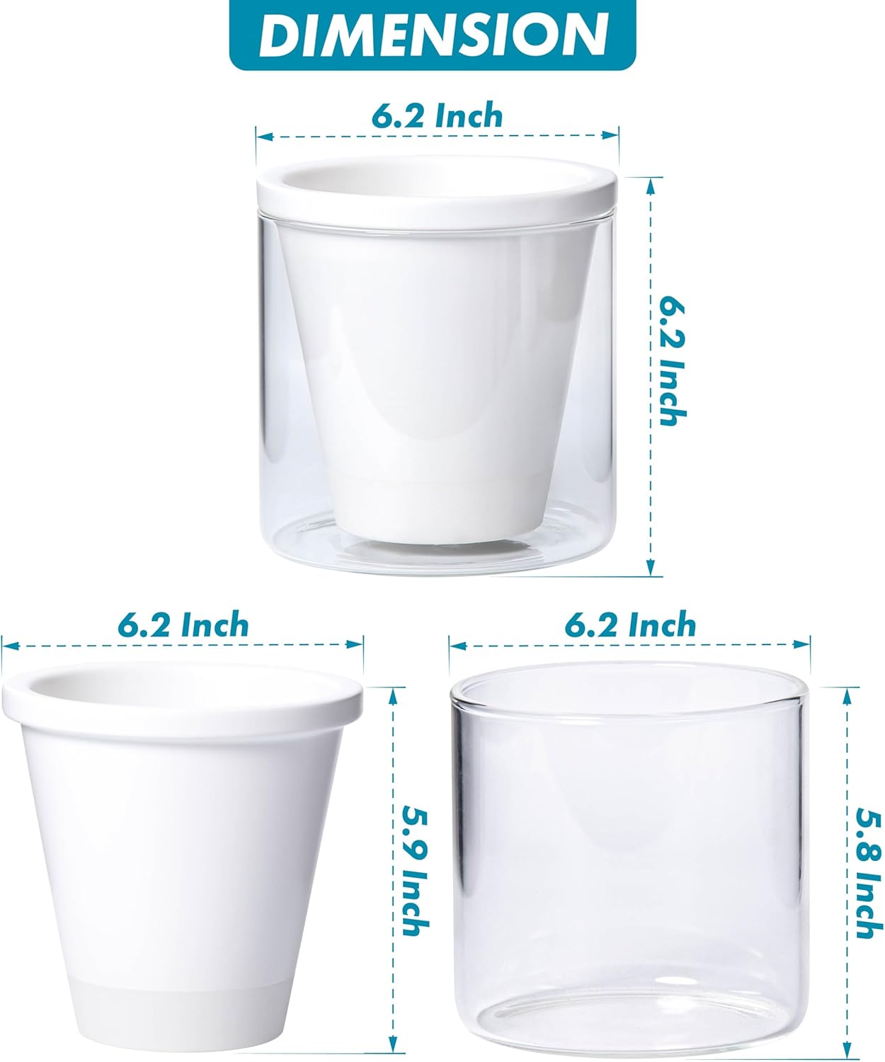 D'vine Dev 6 Inch Design Self Watering Planter for Indoor Plants, White Terracotta Pots with Cylinder Glass Cup, 37-X-B-2