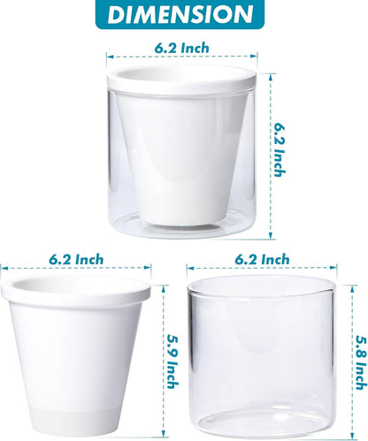 D'vine Dev 6 Inch Design Self Watering Planter for Indoor Plants, White Terracotta Pots with Cylinder Glass Cup, 37-X-B-2