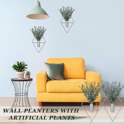 Jexine Hanging Planters with Artificial Eucalyptus Metal Hanging Vase Indoor Plants Holder Modern Geometric Boho Bathroom Wall Decor for Living Room Home Office(Chrome Sliver,4 Pcs)