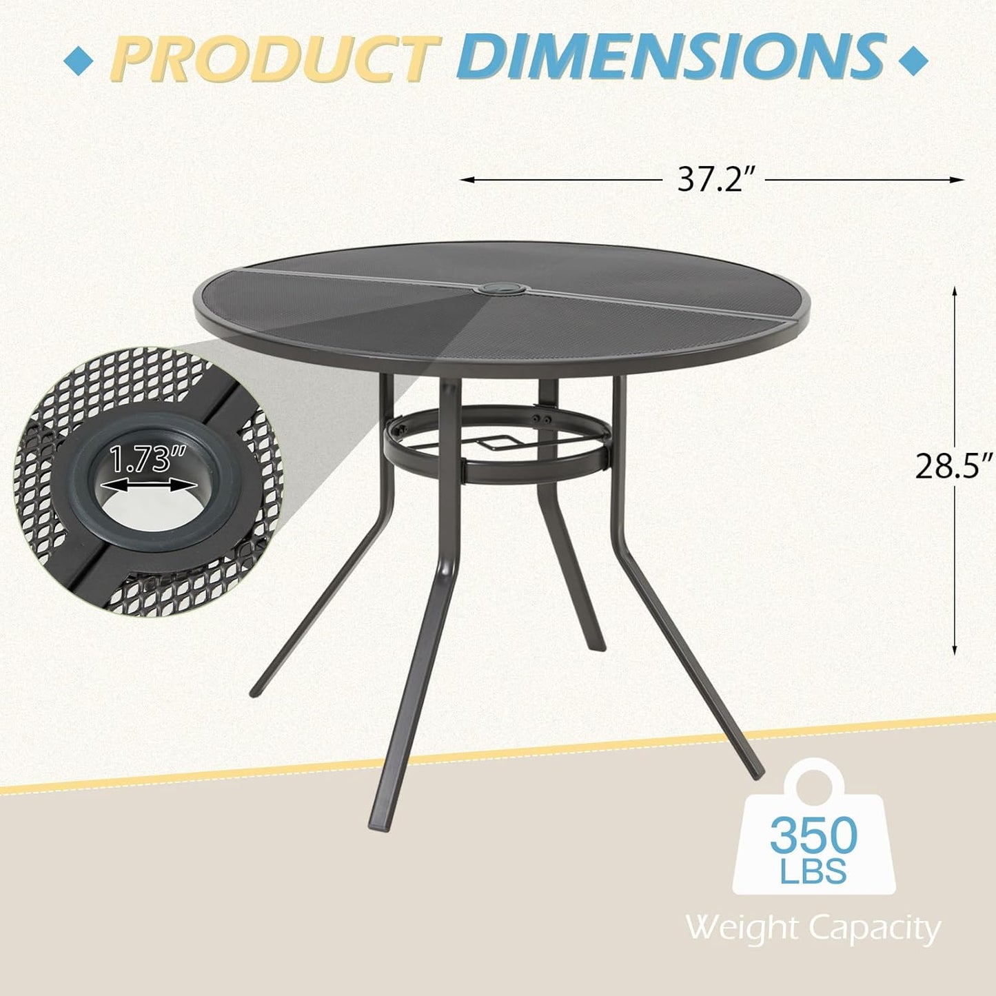 AECOJOY Outdoor Patio Dinning Table for 4, 37" Round Metal Patio Tables with 1.7" Umbrella Hole, Weather-Resistant Outside Table for Lawn Backyard Garden Porch Bistro Poolside Deck Dark Grey