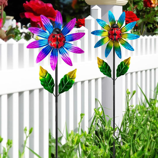 2 Pack Wind Spinner Outdoor,Waterproof Metal Windmill with Ladybug,Pinwheels for Yard and Garden, Flower Wind Sculpture & Spinner for Patio Lawn Decor