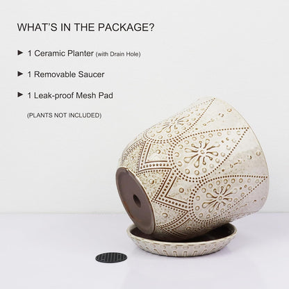 Gepege 10 Inch Plant Pot, Creamy White Ceramic Planter with Drainage Holes and Saucers for Plants Indoor and Outdoor Flower Pot