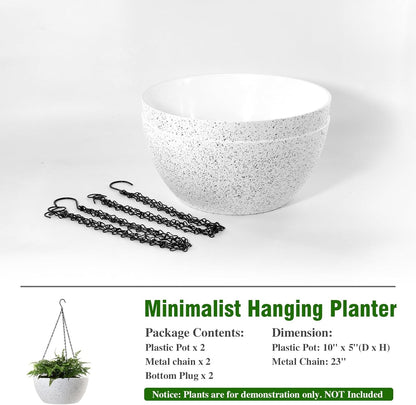 10 inch Hanging Planters for Outdoor Indoor Plants with Drainage Holes and Chain, 2 Pack Round Hanging Flower Plant Pots for Garden Home Porch Decor, Speckled White
