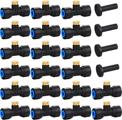 Hotop Brass Misting Nozzles 1/4 Inch Sliding Lock Mister Nozzles Tees with Plugs for Outdoor Cooling System Misting System(20 Pieces)