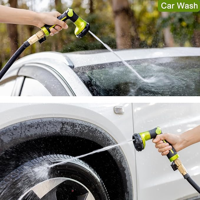 FANHAO Garden Hose Nozzle Heavy Duty, 100% Metal Water Hose Sprayer with 8 Spray Patterns, High Pressure Spray Nozzle Thumb Control On Off Valve for Lawn & Plant Watering, Car & Pet Washing - Green