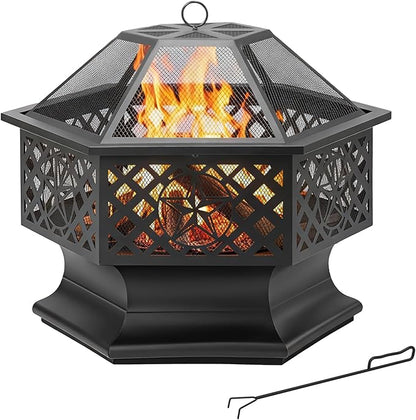 28 Inch Hexagonal Fire Pit,Wood Burning Firepits for Outside with Spark Screen&Poker,Metal Hex-Shaped Outdoor Fire Pit for Outside,Backyard,Bonfire,Patio,Garden,Picnic and Camping（Black）