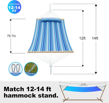 Double Quilted Fabric Tree Hammock with Spreader Bar, 14ft Hammocks 2 Person for Outside, Fits 12ft -14ft Hammock Stand, Large Pillow, Side Pocket & Carabiner, Max 475 lbs Capacity (Ocean Blue)