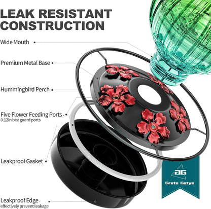 2 Pack Glass Hummingbird Feeder for Outdoors Hanging, Bird Nectar Feeder with Perch & 5 Flower Feeding Ports, 26 Oz Leak Proof for Outside Garden Decor Backyard, Gifts for Women Mom, Red & Green Blue