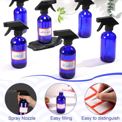 Norme 12 Pcs 8 oz Glass Spray Bottles with Funnels and Labels Refillable Cosmetic Empty Spray Bottles with Sprayer Containers for Essential Oil Cleaning Solutions(Blue,Classic)
