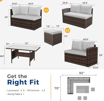 Wisteria Lane 7 Piece Patio Furniture Set, High Curved Back Wicker Outdoor Sectional with Dining Table, All Weather Wicker Outdoor Dining Set, Patio Conversation Set with Ottoman, Grey