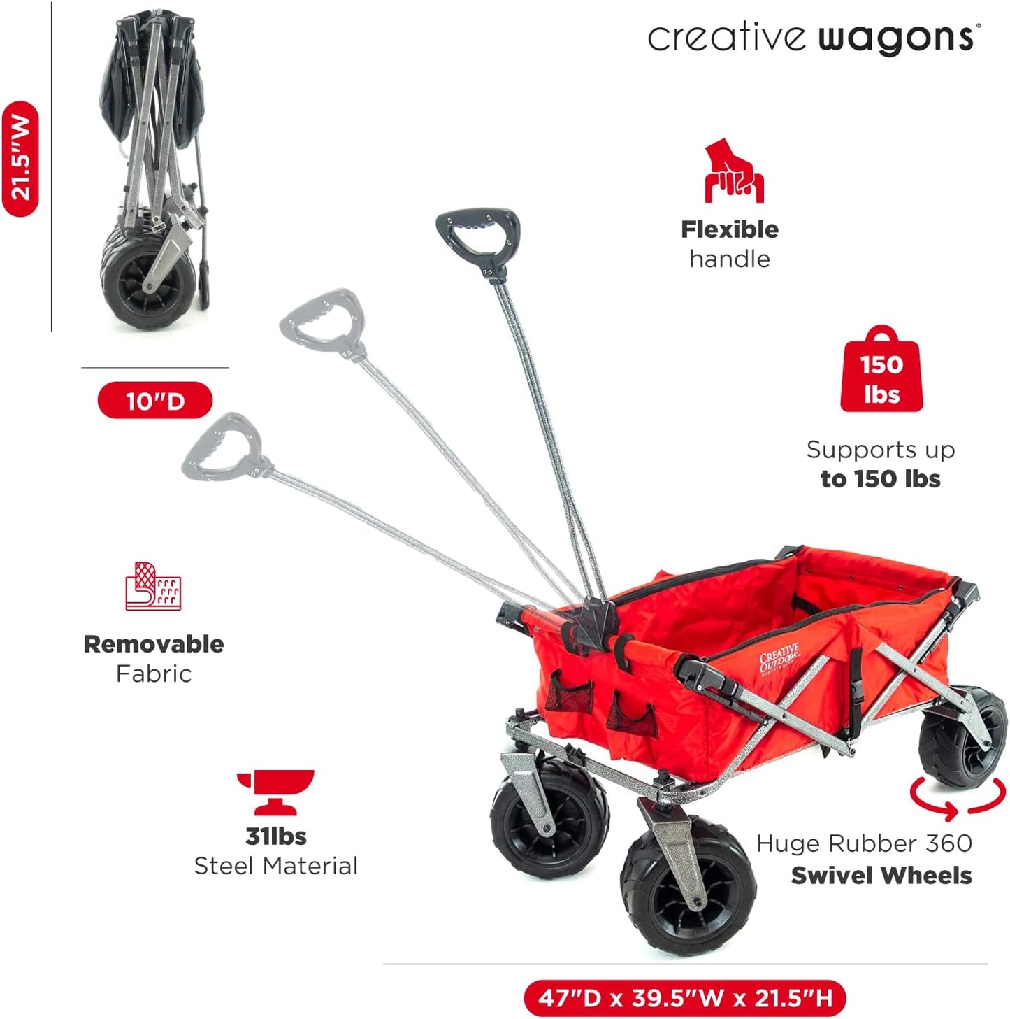 Creative Outdoor Push Pull Stroller Wagon, Beach Hauler XXL with Canopy, Collapsible and Portable Heavy Duty Folding Cart, Supports up to 200lbs Weight Capacity, Giant 10" Wheels