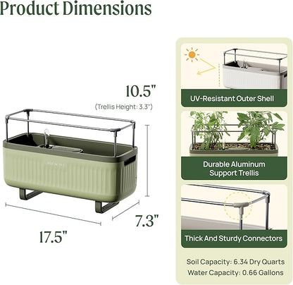Vego Garden 2 Pack Herb Indoor Plant Box, Self Watering Planters Pots with Trellis for Kitchen Window Sill or Countertop Plants Cage - Sage Green