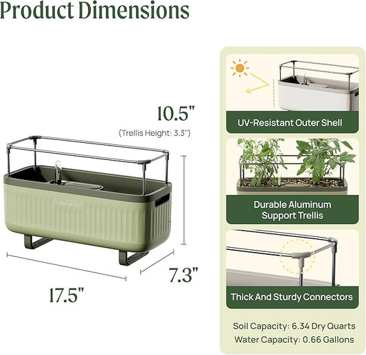 Vego Garden 2 Pack Herb Indoor Plant Box, Self Watering Planters Pots with Trellis for Kitchen Window Sill or Countertop Plants Cage - Sage Green