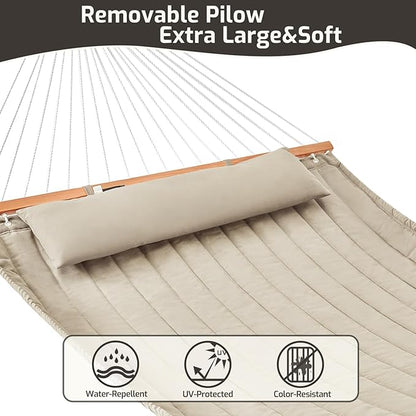 Double Quilted Fabric Hammock with Hardwood Spreader Bars and Pillow 450 LBS Capacity 2 Person Large Hammock for Outdoor Patio Backyard Poolside - Tan