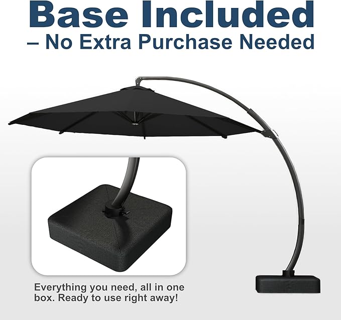 11FT Cantilever Umbrella with Base Large Curvy Outdoor Aluminum Offset Umbrella w/ 360° Rotation, UV Resistant Canopy for Patio, Garden, Backyard, Black