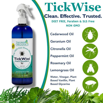 3 Moms Organics TickWise | 16oz Extra Strength, DEET- Free, Tick and Insect Repellent | Plant Based Essential Oils and All Natural Ingredients | Safe for Kids, Adults, Dogs and Horses