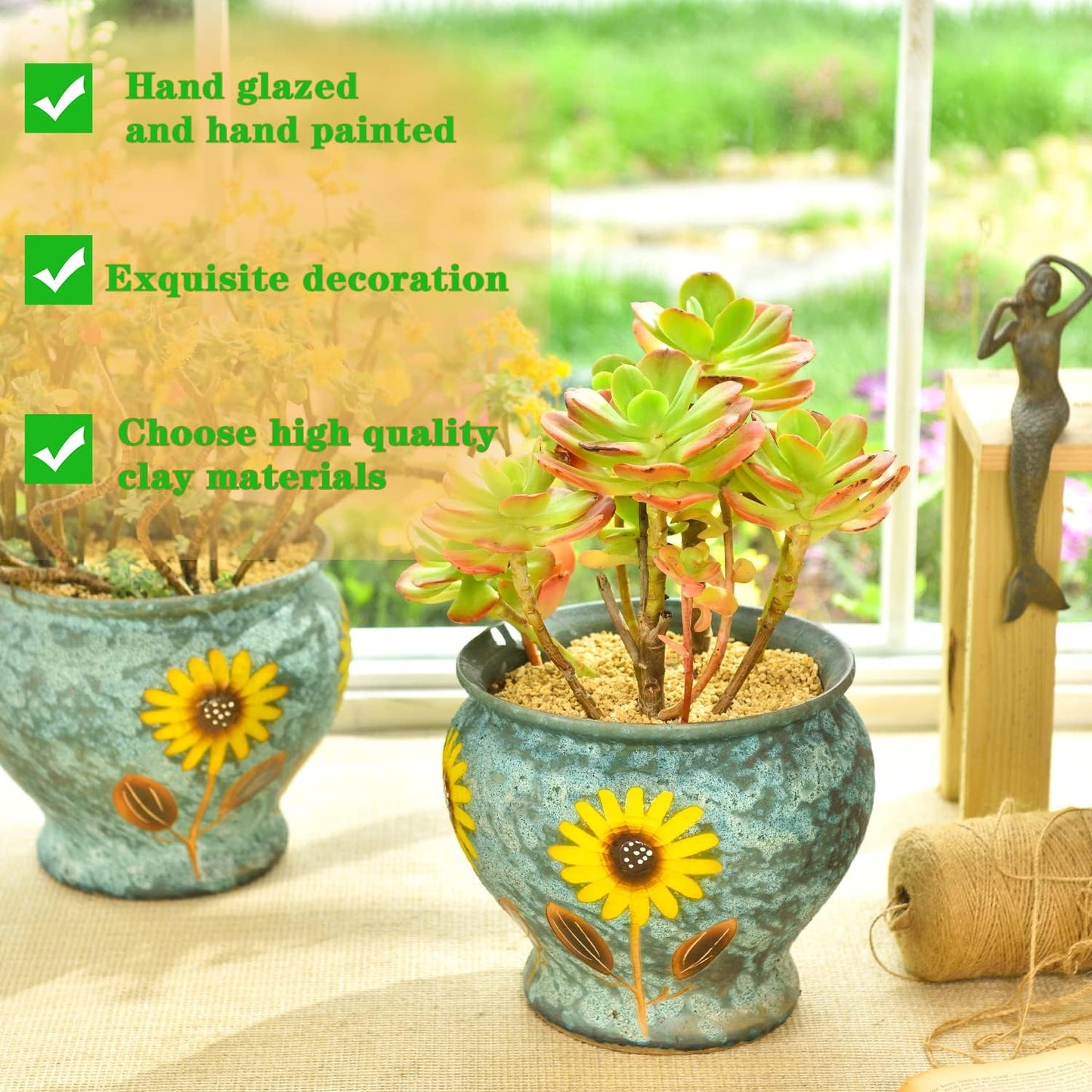 Sungmor Ceramic Hand Painted Succulent Flower Pots, 9 Inch Large Pottery Pots for Indoor Outdoor Plants, Decorative Ceramic Vase for Flower Arrangement Home Decor, Vintage Centerpieces Flowerpot