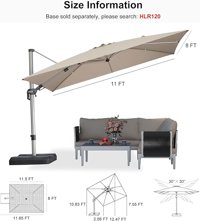 PURPLE LEAF 11.5' X 8' Left-right Tilting Patio Umbrella Outdoor Swivel Cantilever Umbrella Aluminum Offset Umbrella with Champagne Frame and 360-degree Rotation for Garden Deck Pool, Beige