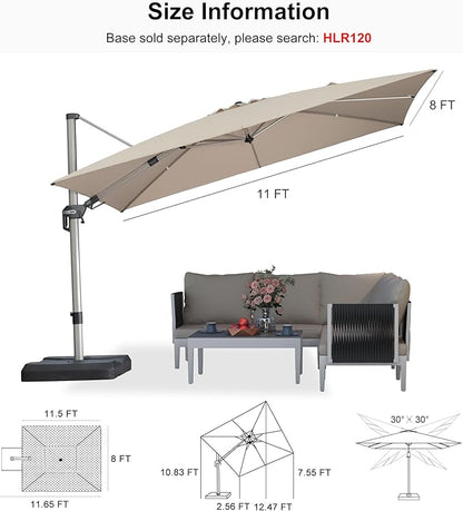 PURPLE LEAF 11.5' X 8' Left-right Tilting Patio Umbrella Outdoor Swivel Cantilever Umbrella Aluminum Offset Umbrella with Champagne Frame and 360-degree Rotation for Garden Deck Pool, Beige