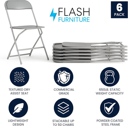 Flash Furniture Hercules Series Plastic Folding Chair - Grey - 6 Pack 650LB Weight Capacity Comfortable Event Chair-Lightweight Folding Chair
