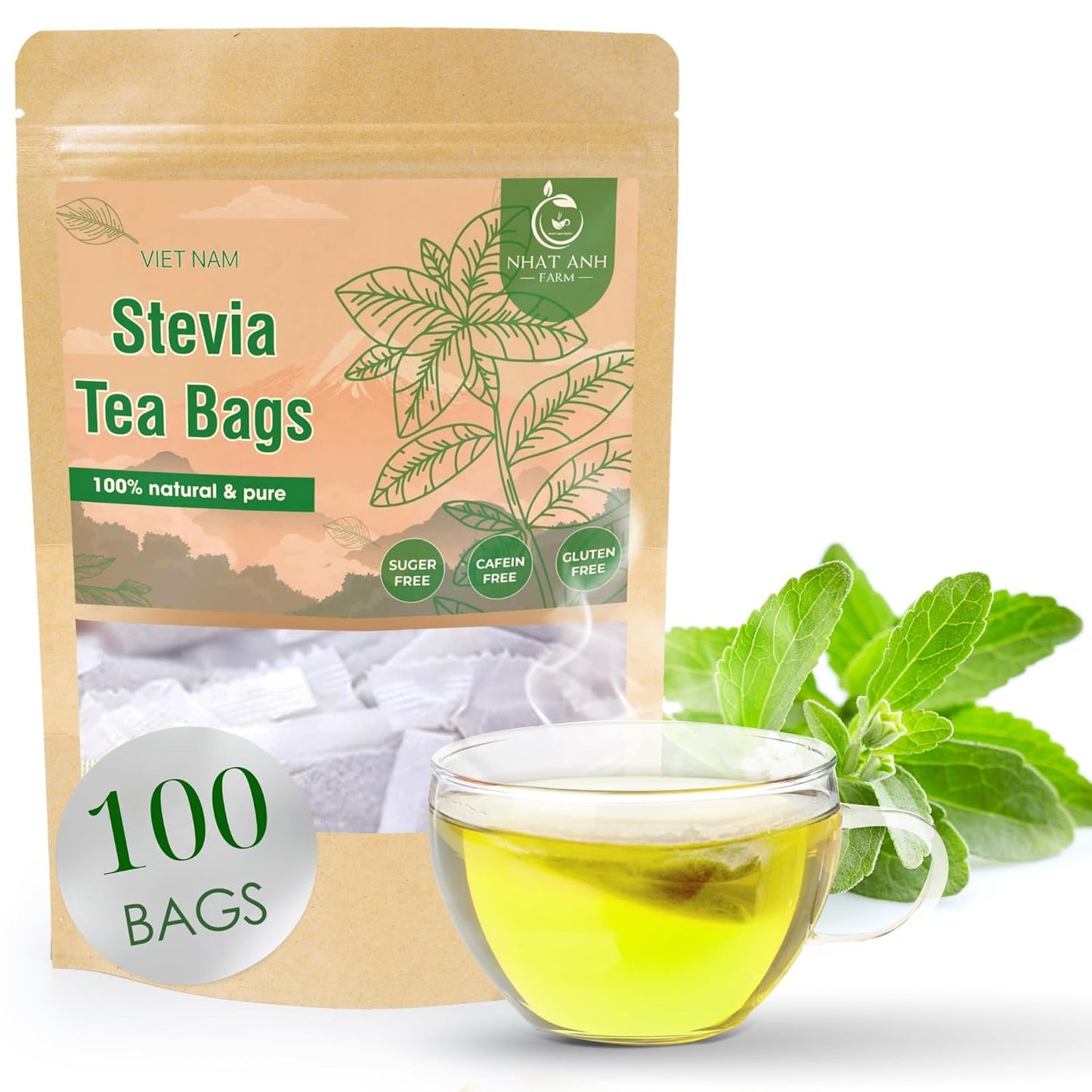 NHAT ANH FARM - Premium Stevia Tea Bags, 100 Stevia Tea Bags, 100% Natural Dried Leaves, Naturally Sweet Herbal Tea, Sugar-Free, Caffeine-Free, No Additives.