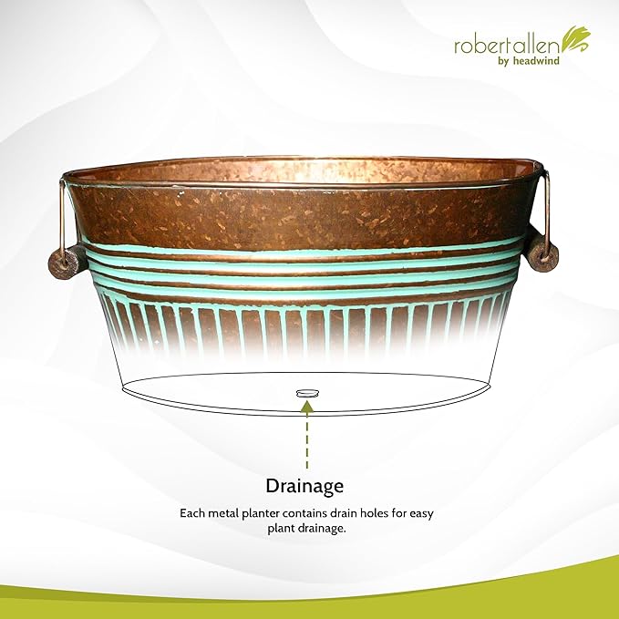 Headwind Vintage Collection 14-Inch Vintage Copper Oval Galvanized Tub with Handles – Metal Wash Basin Planter - Galvanized Metal Tub for Indoor & Outdoor Use by Robert Allen
