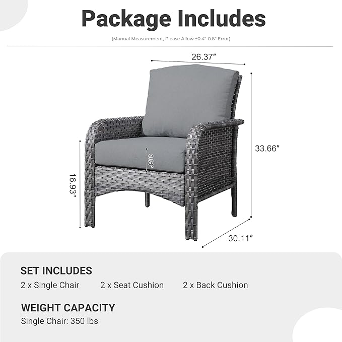 ovios 2 Pieces Patio Furniture Set, Outdoor Wicker Chairs of 2, All Weather High Back Rattan Chairs 2-Seater with Comfy Cushions for Porch Deck, Dark Grey