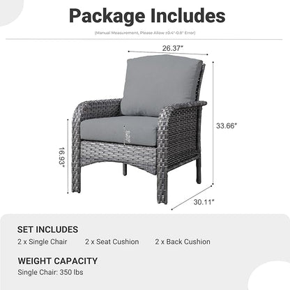 ovios 2 Pieces Patio Furniture Set, Outdoor Wicker Chairs of 2, All Weather High Back Rattan Chairs 2-Seater with Comfy Cushions for Porch Deck, Dark Grey