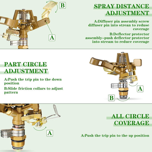 Ferraycle 4 Pieces 1/2 Inch Brass Impact Sprinkler Head with Nozzles Heavy Duty Adjustable 0-360 Degrees Impulse Sprinkler Head Lawn Watering for Yard Irrigation