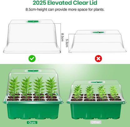 Bonviee 10 Packs Seed Starter Tray with Elevated Lid, 120 Cells Thicken Seed Starting Trays Kit with Adjustable Humidity Vent, Clear Cell Tray and Heightened Lids for Greenhouse & Gardens, Green