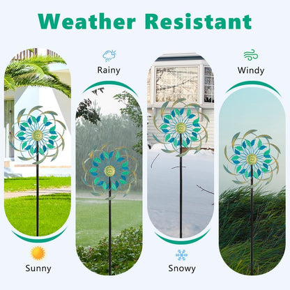 Metal Wind Spinners Outdoor,13'' Dia Green Double Wind Spinner & Sculpture,Waterproof Garden Windmill for Yard Art Decorations