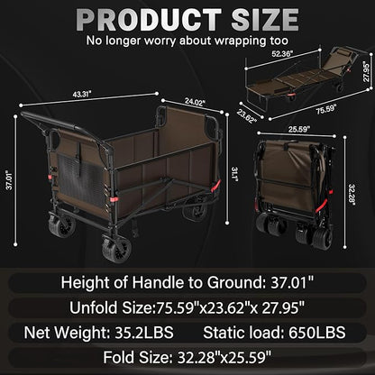 LEVELEVE Heavy Duty Folding Wagon - 2-in-1 Collapsible Cart, 650lb Capacity, All-Terrain Wheels w/Brakes & Side Pockets (Brown)