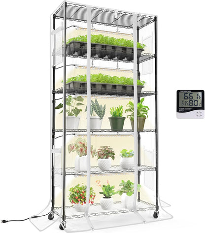 Indoor Greenhouse with Grow Light, Mini Green House with 5 Pack T8 Full Spectrum Plant Lights, Plant Shelf with Tent for Indoor Plant, Seed Starting, Seed Tray, 35.4"x13.8"x71"