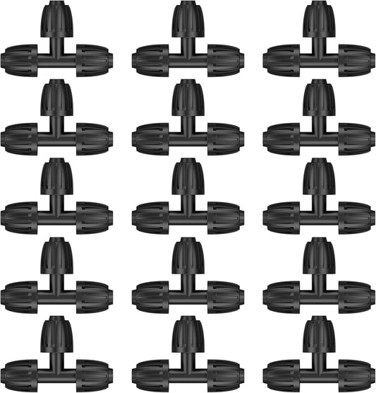 Pawfly 15 Pcs Drip Irrigation Fittings for 1/2 Inch Irrigation Tubing (1/2" ID x 0.64" OD), 1/2" Drip Line T Connectors with Anti-Drop Lock Nuts, Barbed Tees for Garden Irrigation System