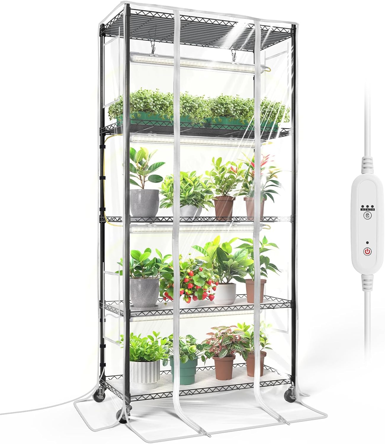 Indoor Greenhouse with Grow Light, Mini Green house with 4 Pack T8 Full Spectrum Plant Lights with Timer, Plant Shelf with Tent for Indoor Plant, Seed Starting, Seed Tray, 29.5"x13.8"x59"