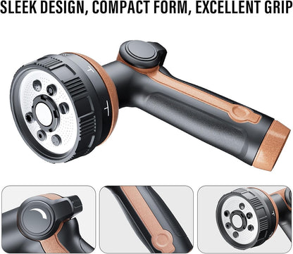 Heavy Duty Garden Hose Nozzle, 100% Metal Water Hose Sprayer with 8 Spray Patterns, High Pressure Hose Nozzle with Thumb Control, On Off Valve, for Lawn & Plant Watering, Car & Pet Washing