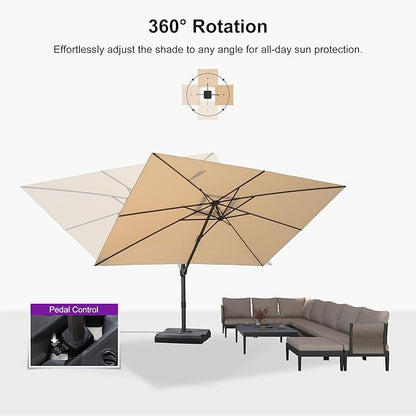 PURPLE LEAF 9' X 11.5' Patio Cantilever Umbrella Outdoor Rectangle Adjustable Offset Umbrellas with 360-degree Rotation and 8 Heavy Duty Metal Ribs for Garden Deck Pool Beige