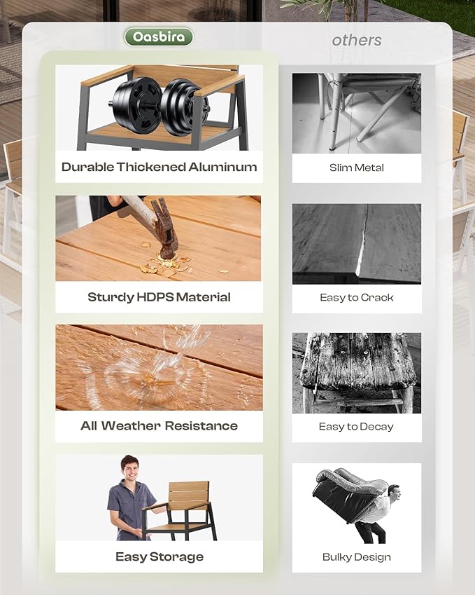 Outdoor Dining Set for 4, Patio Table and Chairs Set with Umbrella Hole, 5 Pieces HDPS Outdoor Furniture Sets for Garden, Backyard (Gray & Teak)