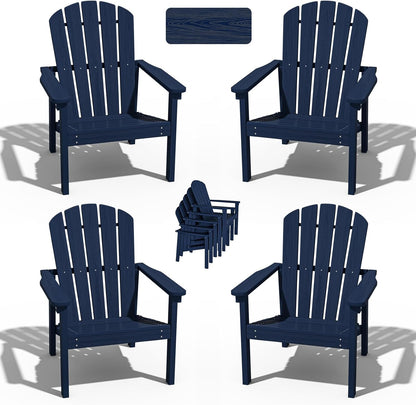 Stackable Adirondack Chair Set of 4, HDPE Outdoor Patio Chair - Durable and Space Saving, Suitable for Porches, Lawns or Garden, Navy